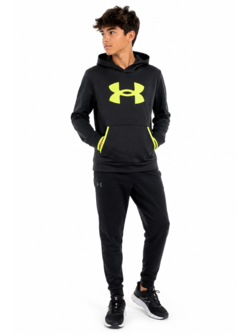 Boys Under Armour Hoodie Sweatshirt Size M Black Neon Yellow